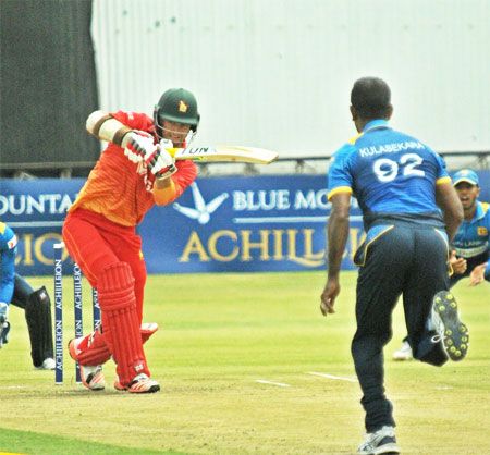 Sean Ervine bats against Sri Lanka during the 4th ODI in the tri-series in Bulawayo before rain  stopped play on Monday