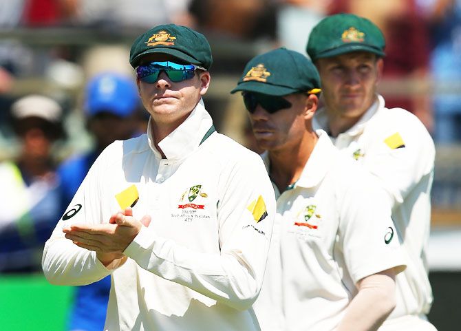 Australia captain Steve Smith looks on with his team before the first Test at the WACA in Perth. The Aussies, led by the 27-year-old Smith have been called a pampered lot by the media from Down Under