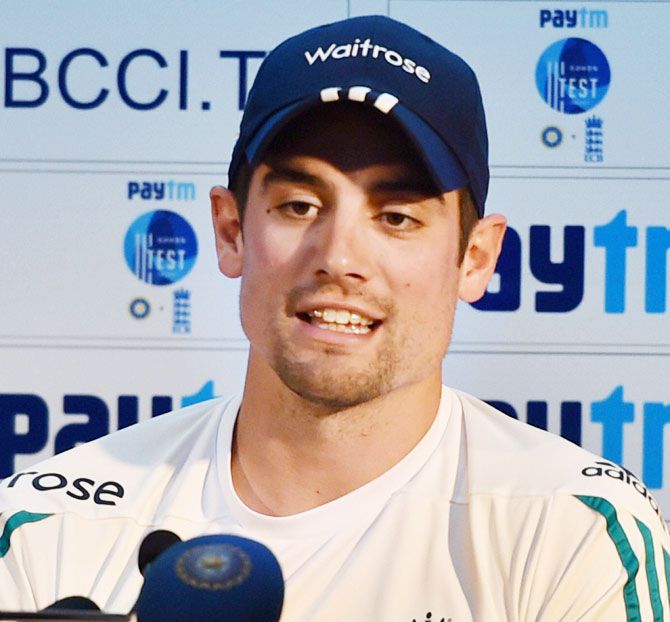 England team captain Alastair Cook addresses a press conference ahead of the 3rd Test match against India in Mohali on Friday