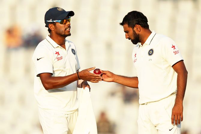 India's Umesh Yadav and Mohammad Shami on Day 1 of the 3rd Test against England in Mohali 