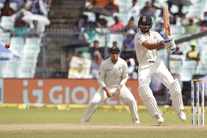Virat Kohli of India plays a shot against New Zealand on Day 3 