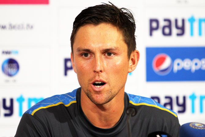 New Zealand's Trent Boult addresses the media after play on Day 3 of the second Test match against India at the Eden Gardens stadium in Kolkata on Sunday