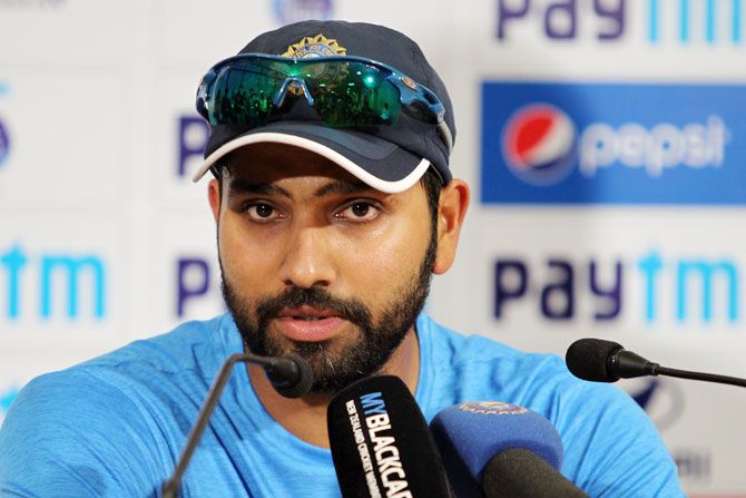 Rohit Sharma speaks to the media after the third day's play in Kolkata on Sunday