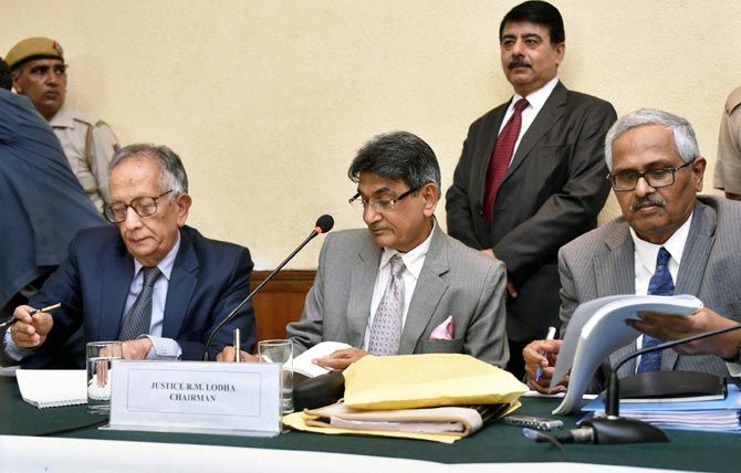Justice Rajendra Mal Lodha, centre, chairman of the Supreme Court-appointed Lodha Committee with member Justice Ashok Bhan, left, and Justice RV Raveendran