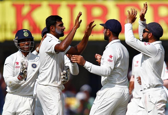 Ravichandran Ashwin celebrates the wicket of New Zealand captain Kane Williamson on Day 4 of the 3rd Test in Indore on Tuesday