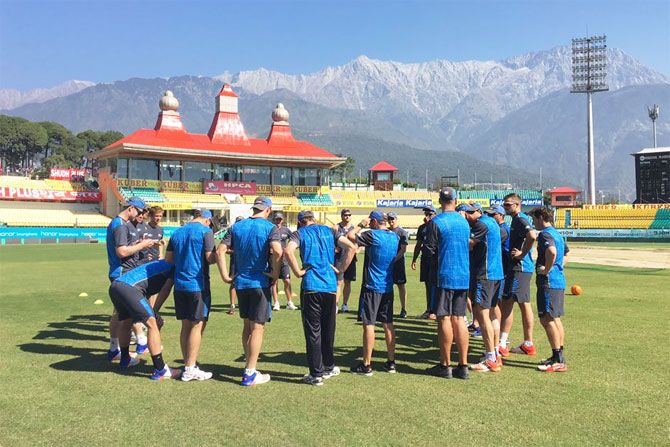 New Zealand huddle up before their training session in Dharamsala on Saturday