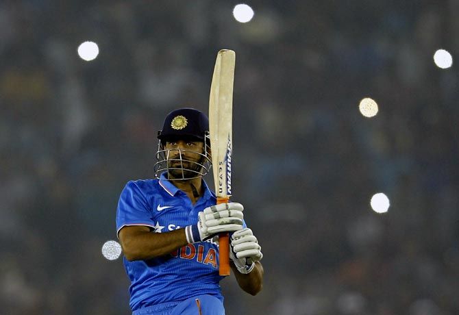 Mahendra Singh Dhoni bats during the third ODI vs New Zealand in Mohali on Sunday