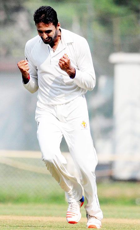 S Aravind of Karnataka exults after completing his five-wicket haul against Assam in the Ranji match at BKC Grounds in Mumbai on Thursday