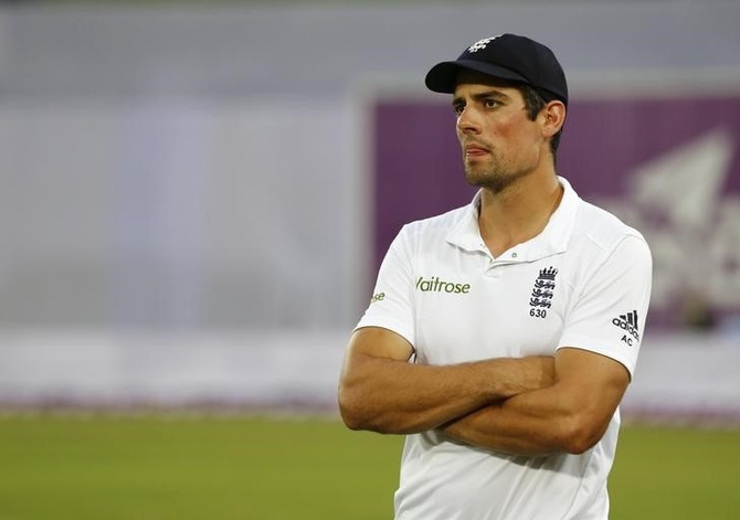 England's captain Alastair Cook reacts during the presentation ceremony on Sunday