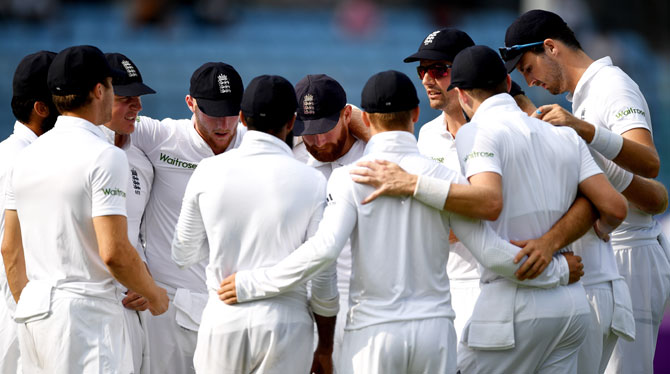England captain Alastair Cook speaks to his team before taking to the field during the second day of the 2nd Test match against Bangladesh at Sher-e-Bangla National Cricket Stadium in Dhaka on Saturday