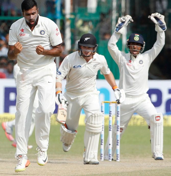Ashwin celebrates Tom Latham's wicket in the first Test against New Zealand  in Kanpur. Photograph: BCCI