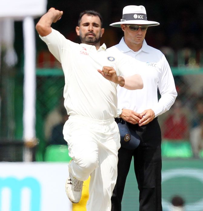 India's Mohammed Shami bowls on Day 5 of the 1st Test against New Zealand in Kanpur on Monday