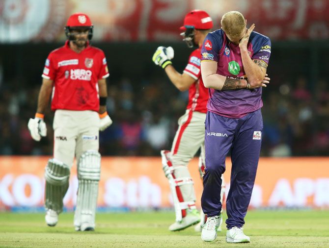 Pune Supergiant's Ben Stokes is a picture of frustration after being hit for a six by Maxwell