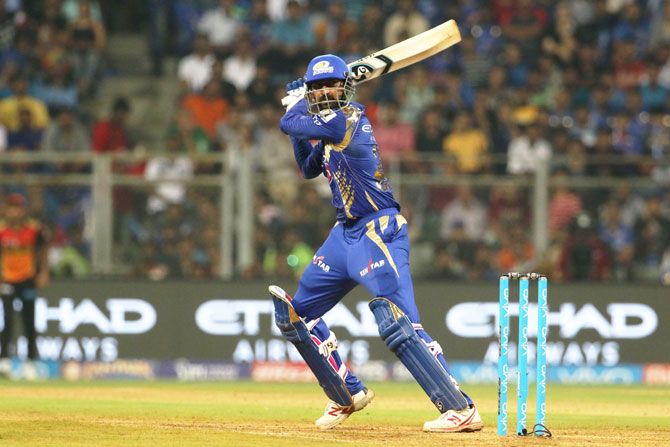 Krunal Pandya of the Mumbai Indians plays a shot during the match against the Sunrisers Hyderabad at the Wankhede Stadium in Mumbai, on Wednesday