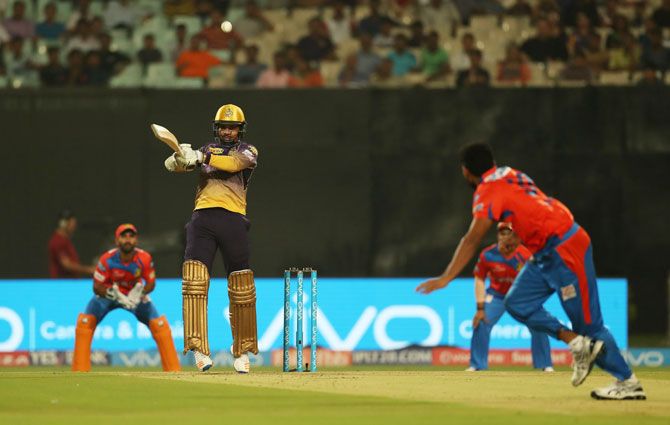 KKR's Sunil Narine goes for the big shot during his innings of 47
