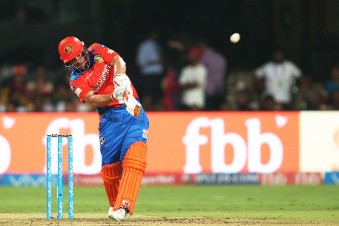 Gujarat Lions' Aaron Finch in action during his 72-run quickfire innings against Royal Challengers Bangalore on Thursday