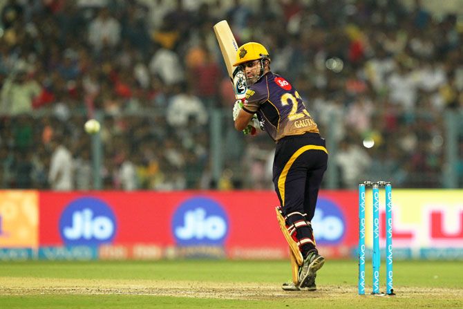Gautam Gambhir en route his match-winning innings of 71 not out during the Indian Premier League match against Delhi Daredevils at the Eden Gardens in Kolkata on Friday