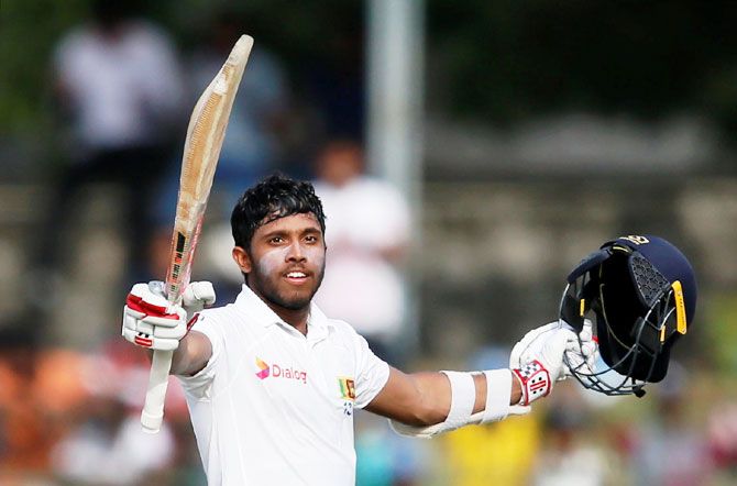 Sri Lanka's Kusal Mendis celebrates his century against India on Day 3 of the 2nd Test in Colombo on Saturday