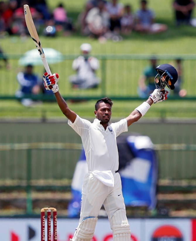 Hardik Pandey celebrates scoring his maiden first class and Test century against Sri Lanka on Sunday