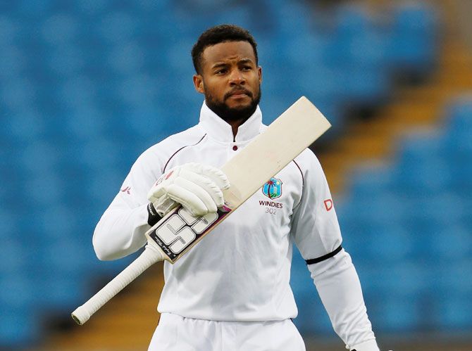  West Indies' Shai Hope celebrates his century against England on Tuesday