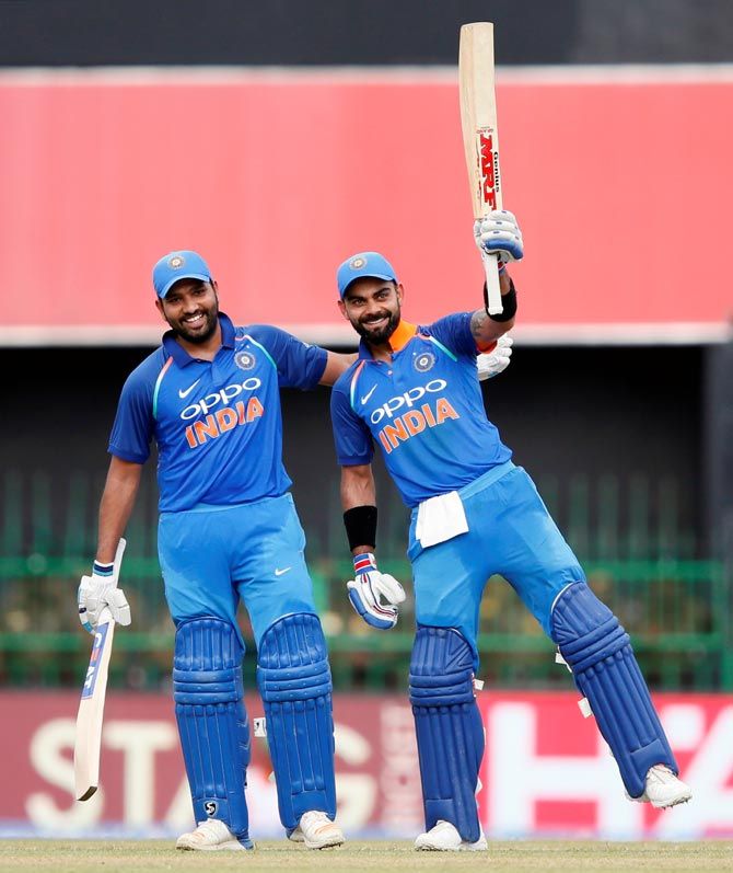 Virat Kohli, right, and Rohit Sharma after they hit centuries in an One-day International against Sri Lanka, in Colombo, August 31, 2017. Photograph: Dinuka Liyanawatte/Reuters