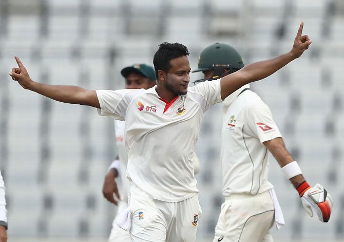 Bangladesh's hakib Al Hasan celebrates taking the wicket of Australia's Matthew Renshaw during the 2nd Test in Mirpur