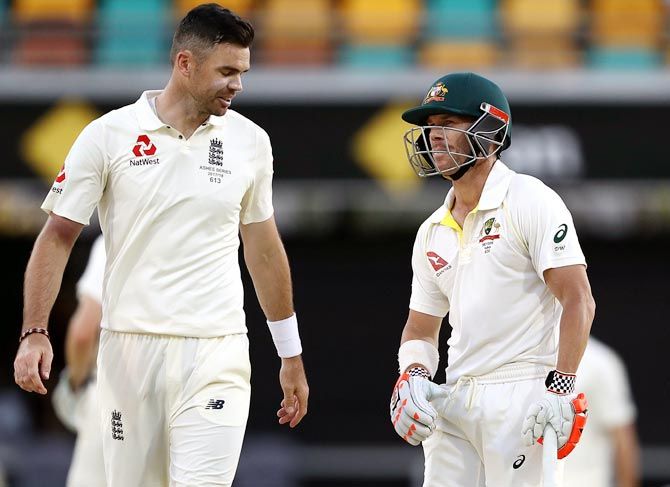 James Anderson, left, and David Warner exchange words during the first Ashes Test in December 2017. Photograph: Ryan Pierse/Getty Images