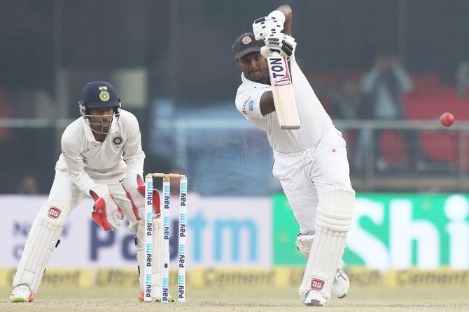 Sri Lanka's Angelo Mathews bats on Day 2 of the 3rd Test match against India at the Feroz Shah Kotla Stadium in Delhi on Sunday