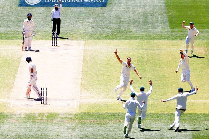 Australia's Josh Hazlewood celebrates with teammates after taking the wicket of England's captain Joe Root