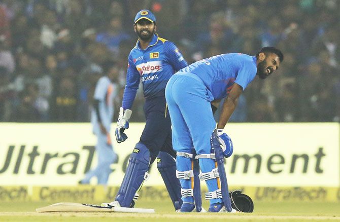 KL Rahul grimaces as he gets hit on the groin, inducing a smile from Lanka keeper Niroshan Dickwella