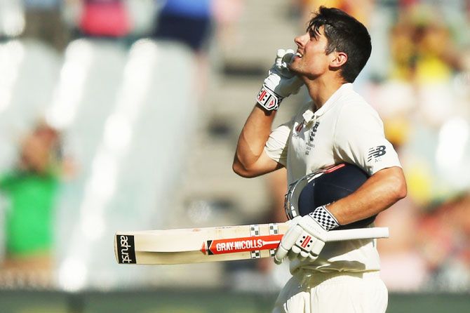England's Alastair Cook celebrates making his century on Day 2 of the 4th Test at Melbourne Cricket Ground in Melbourne, Australia, on Wednesday