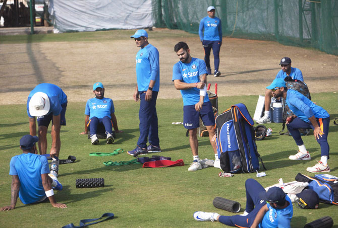 India players warm-up during a training session in Hyderabad