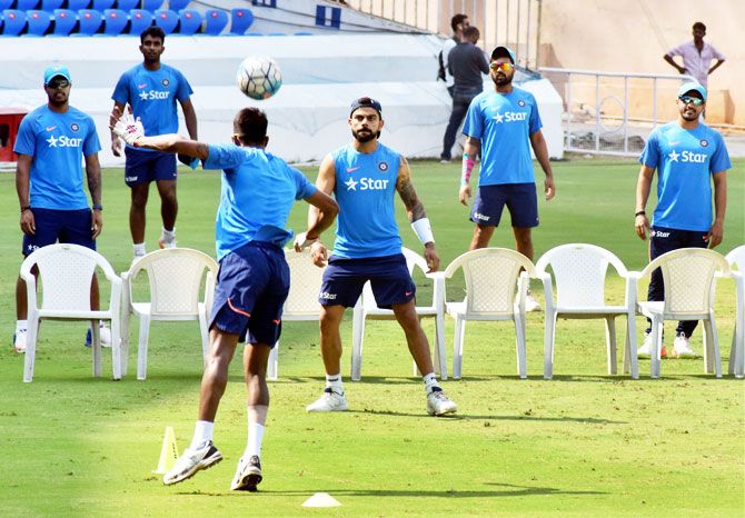 India captain Virat Kohli and teammates get into soccer mode at a practice session in Hyderabad on Tuesday