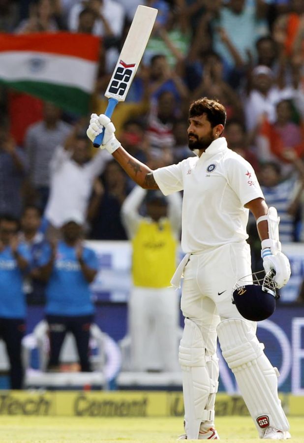 Murali Vijay acknowledges the crowd on completing his 9th Test century during the one-off Test against Bangladesh in Hyderabad on Thursday