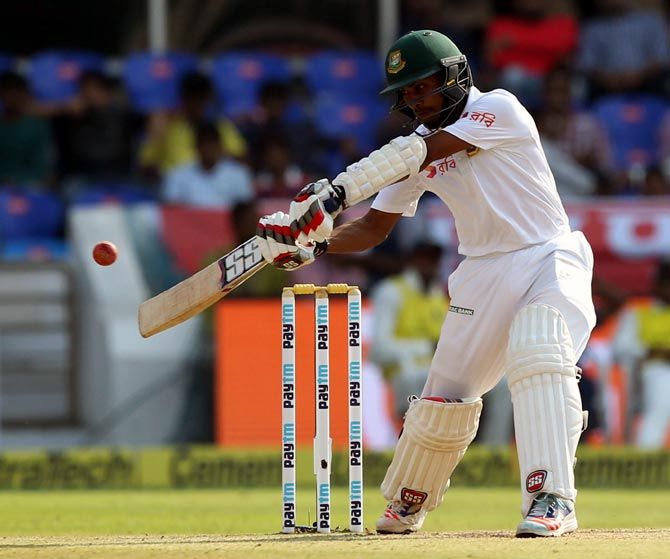 Mehedi Hasan Miraz hits a boundary in the Hyderabad Test. Photograph: BCCO