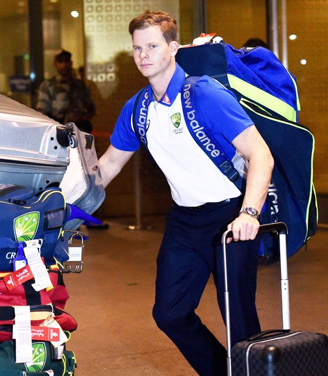 Australia captain Steve Smith arrives at the international airport in Mumbai on Monday