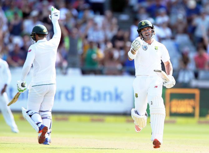 South Africa's Dean Elgar celebrates his century against Sri Lanka during Day 1 of the 2nd Test at PPC Newlands in Cape Town on Monday