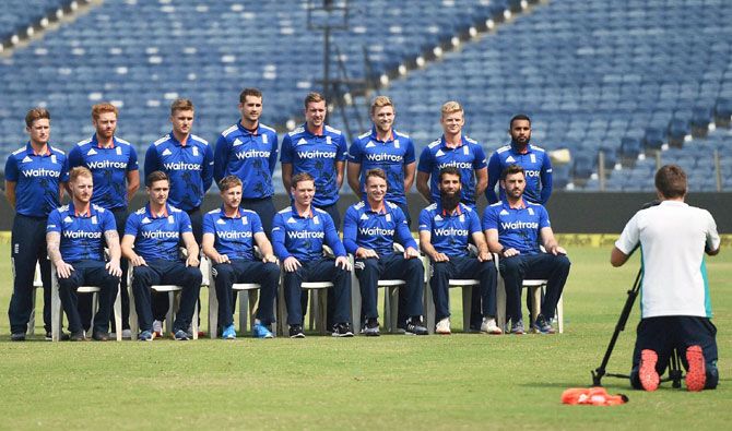 England players pose for a group photo during a practice session in Pune on Saturday