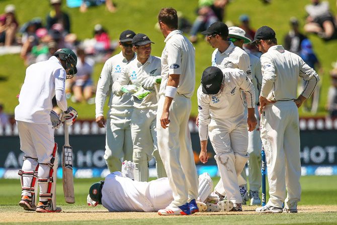 Players check on Mushfiqur Rahim after he was struck by a Tim Southee delivery