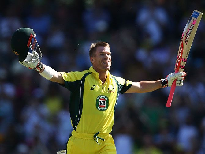 Australia's David Warner celebrates scoring a century against Pakistan during game four of the One Day International series at Sydney Cricket Ground on Sunday