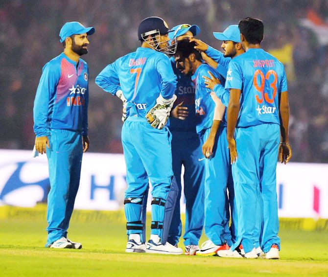 India players celebrate the wicket of Sam Billings during the 1st T20 on Thursday