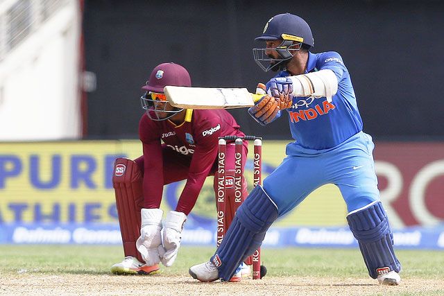 Dinesh Karthik plays a cut short during his crucial innings in the 5th ODI vs West Indies on Thursday