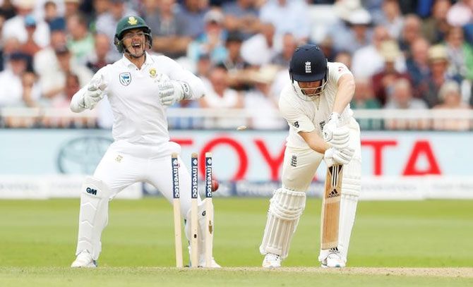 England's Jonny Bairstow is bowled out by South Africa's Keshav Maharaj on Day 2 of the 2nd Test between England and South Africa at Trent Bridge in Nottingham on Saturday