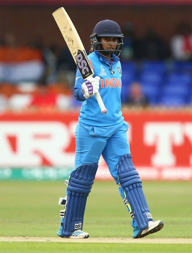 India captain Mithali Raj acknowledges the crowd on completing her century against New Zealand during their ICC Women's World Cup match in Derby on Saturday
