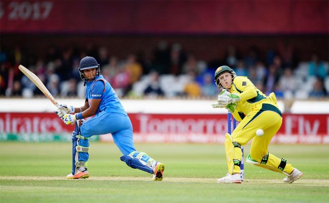 India's Harmanpreet Kaur during her superb 171-run innings against Australia during the ICC Women's World Cup semi-final in Derby on Thursday