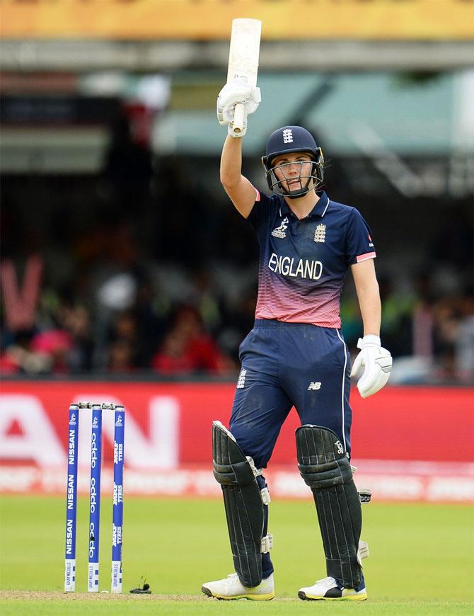England's Natalie Sciver celebrates on completing her half-century