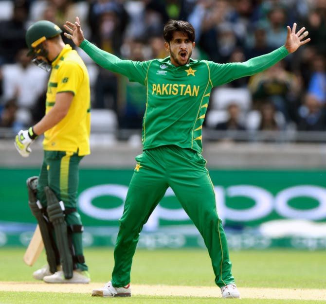 Pakistan's Hassan Ali celebrates the wicket of JP Duminy