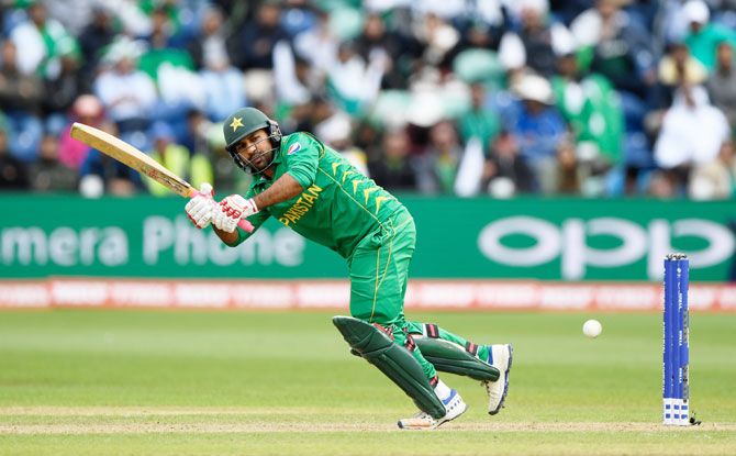 Pakistan skipper Sarfraz Ahmed plays a shot on the on-side