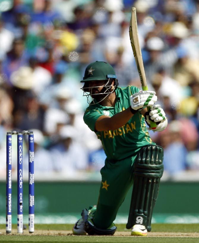 Pakistan opener Azhar Ali plays a drive during his innings against India during the Champiions Trophy final on Sunday