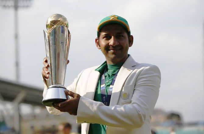 Pakistan's Sarfraz Ahmed poses as he celebrates winning the ICC Champions Trophy